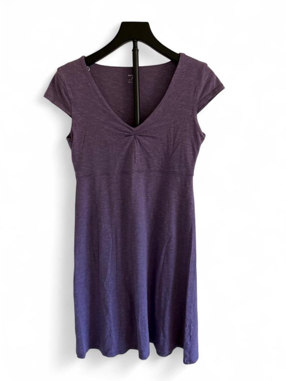 Horny Toad Purple Solid Knit V-Neck Cap Sleeve Ruched A-Line Knee Dress